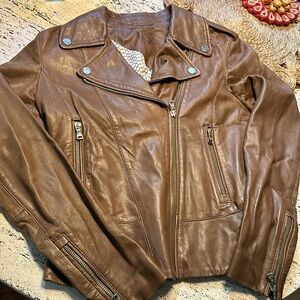 LIKE NEW Massimo Dutti Lambskin Leather Bomber Moto Jacket Chocolate Brown